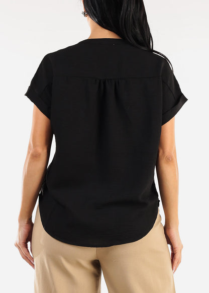 Short Sleeve Button Up Linen Blouse Black