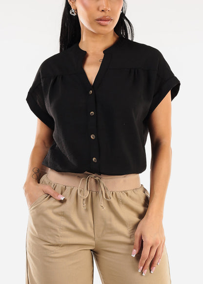 Short Sleeve Button Up Linen Blouse Black