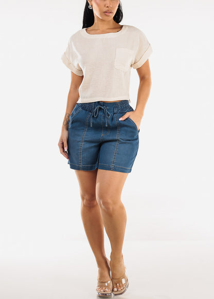 Short Dolman Sleeve Round Neck Linen Crop Top Beige