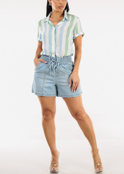 Short Sleeve Button Up Stripe Blouse Green & Blue