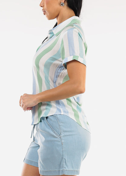 Short Sleeve Button Up Stripe Blouse Green & Blue