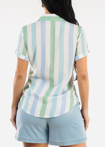 Short Sleeve Button Up Stripe Blouse Green & Blue