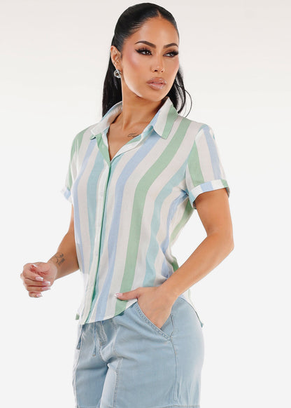 Short Sleeve Button Up Stripe Blouse Green & Blue