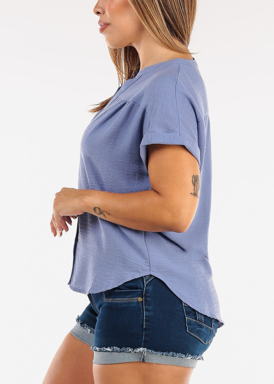 Short Sleeve Button Up Linen Blouse Blue