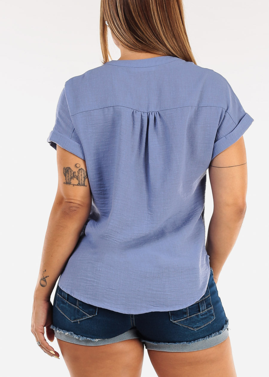 Short Sleeve Button Up Linen Blouse Blue