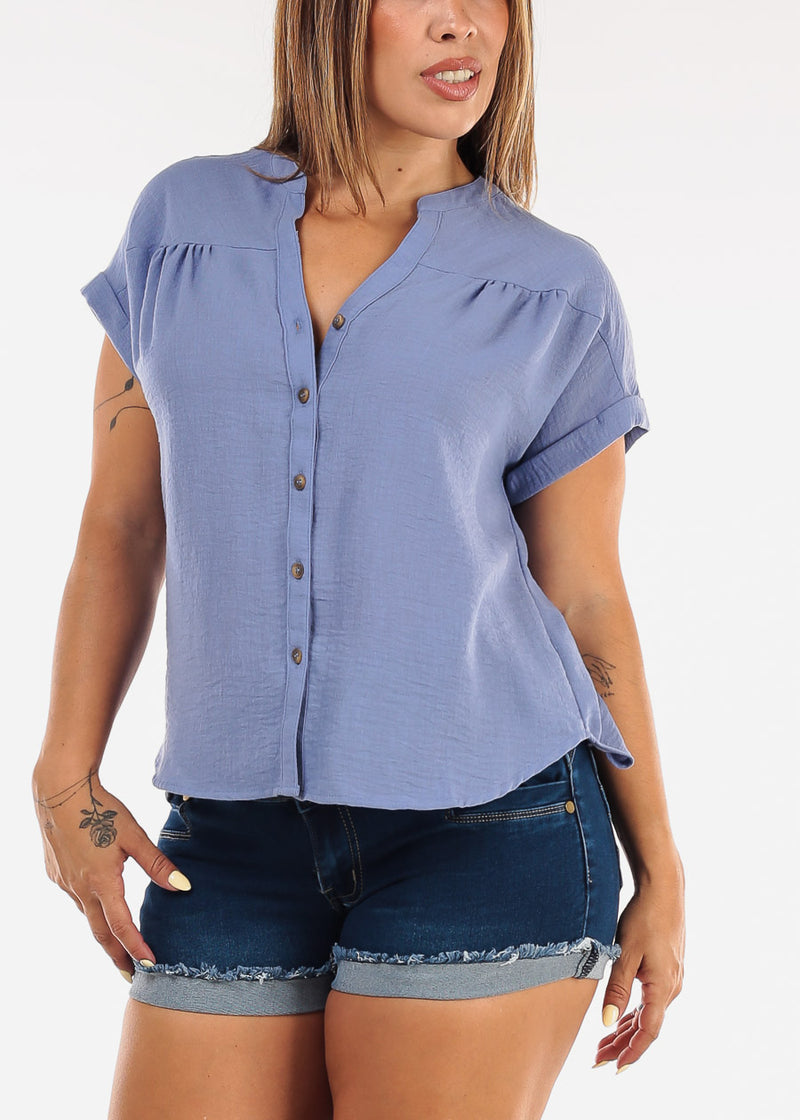 Short Sleeve Button Up Linen Blouse Blue