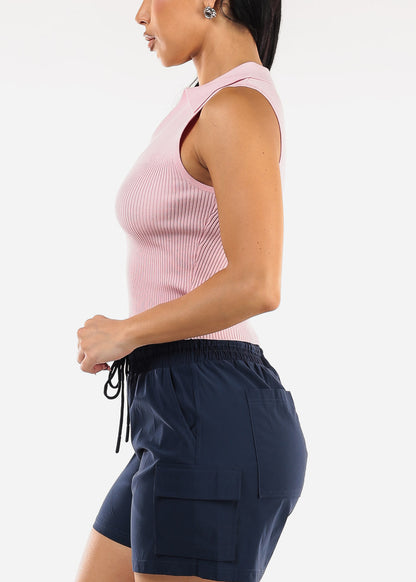 Sleeveless Collared Knit Crop Top Light Pink