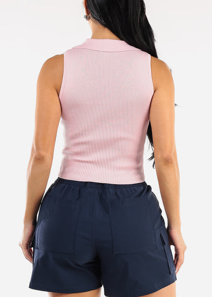 Sleeveless Collared Knit Crop Top Light Pink