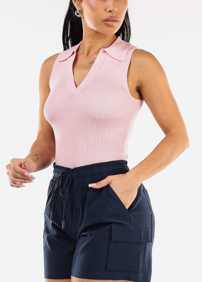 Sleeveless Collared Knit Crop Top Light Pink