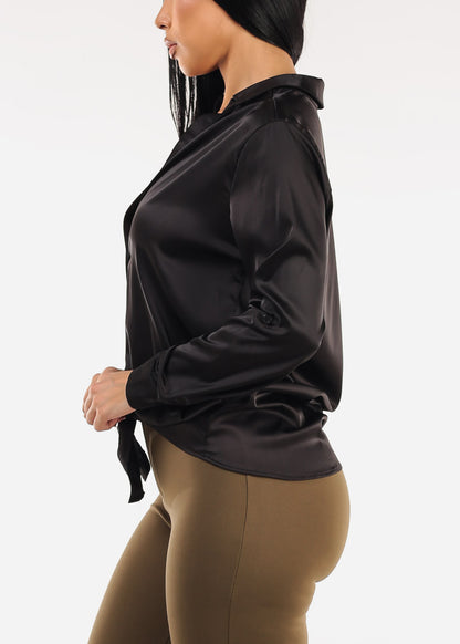 Stretch Satin Deep V-Neck Collared Blouse Black