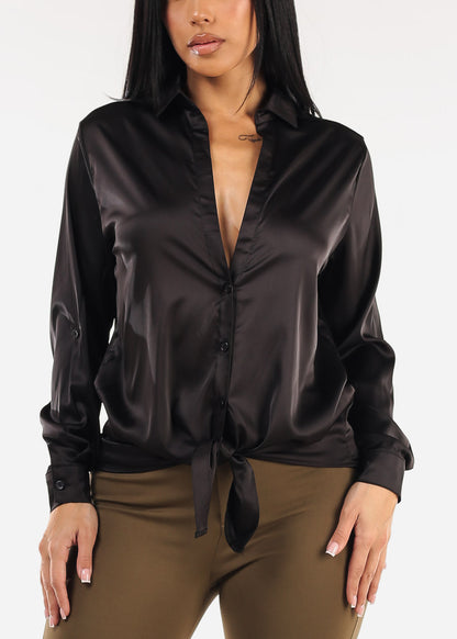 Stretch Satin Deep V-Neck Collared Blouse Black