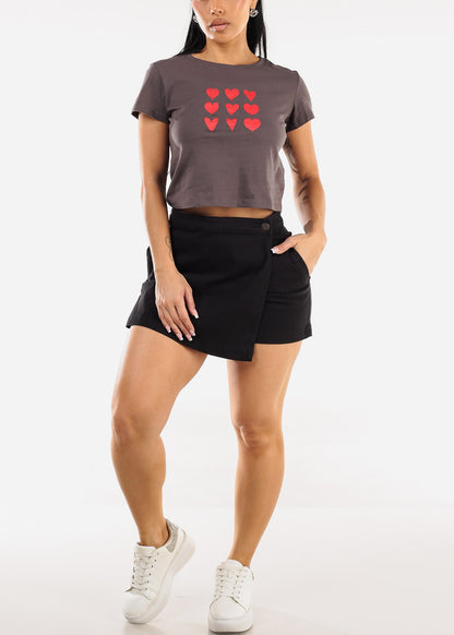 Short Sleeve Crewneck Graphic Crop Top Charcoal "Hearts"