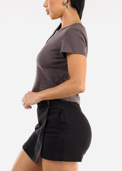 Short Sleeve Crewneck Graphic Crop Top Charcoal "Hearts"