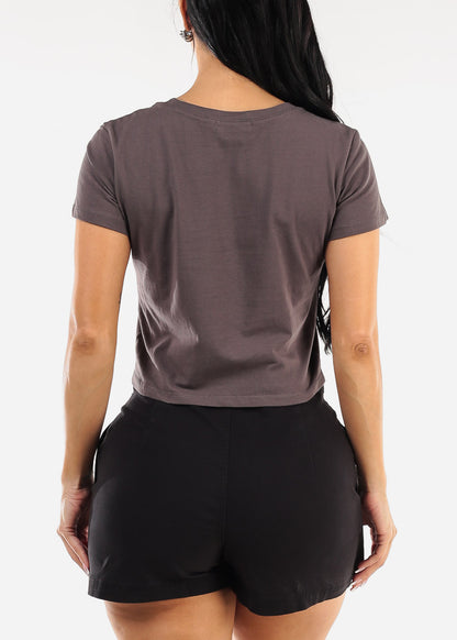 Short Sleeve Crewneck Graphic Crop Top Charcoal "Hearts"