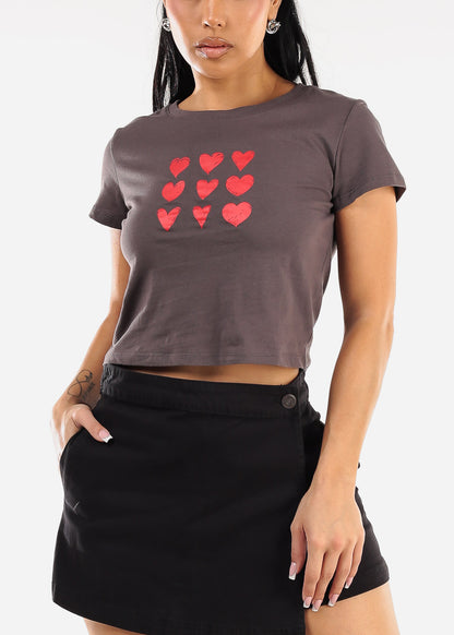 Short Sleeve Crewneck Graphic Crop Top Charcoal "Hearts"