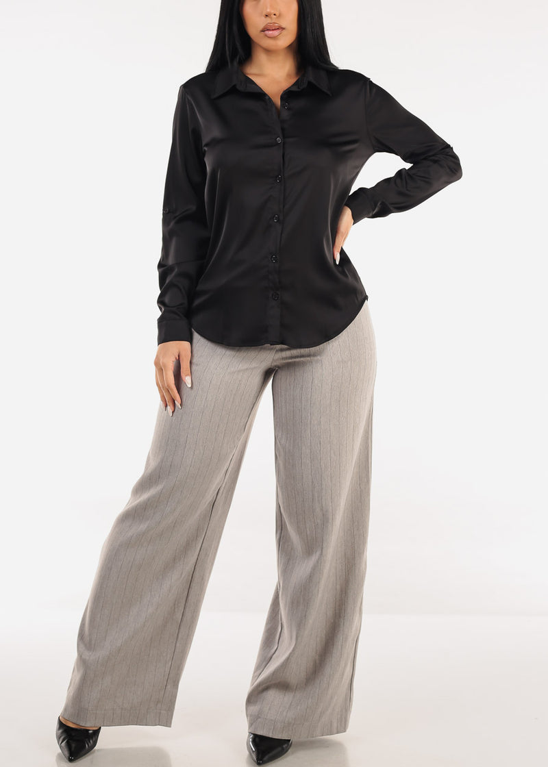 Long Sleeve Button Down Stretch Satin Blouse Black