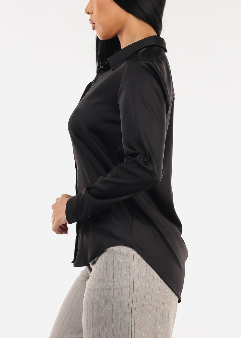 Long Sleeve Button Down Stretch Satin Blouse Black