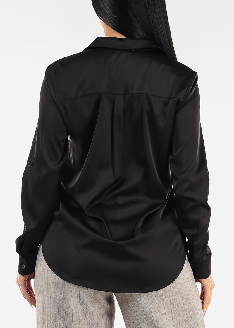 Long Sleeve Button Down Stretch Satin Blouse Black