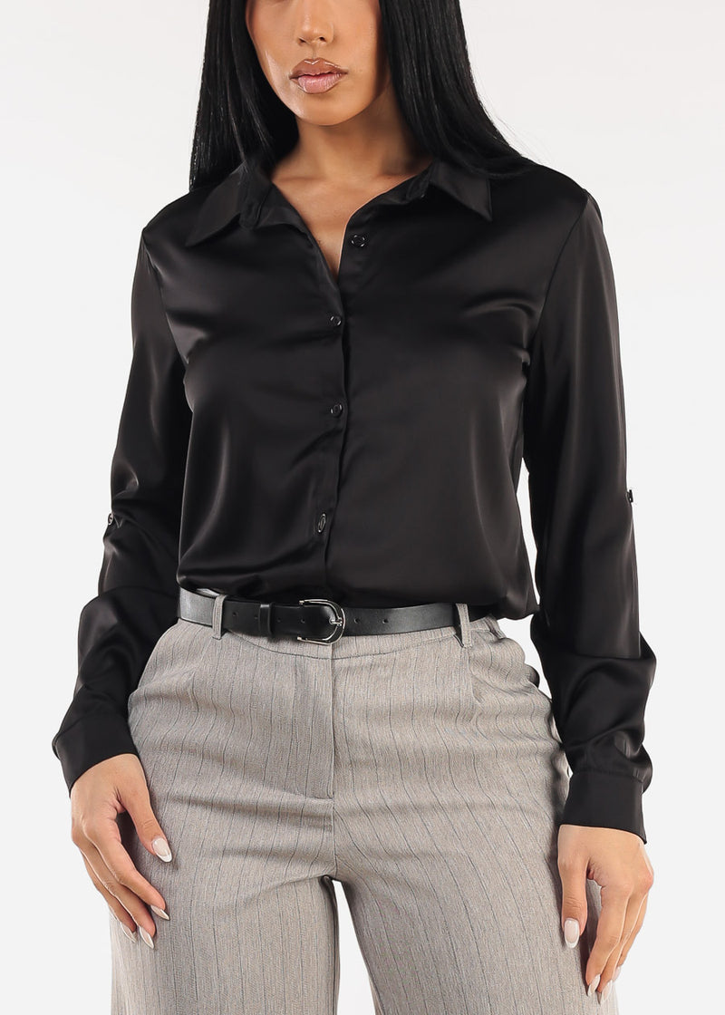 Long Sleeve Button Down Stretch Satin Blouse Black