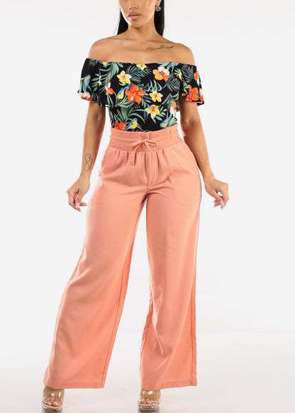 Black Off Shoulder Floral Bodysuit