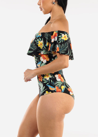 Black Off Shoulder Floral Bodysuit