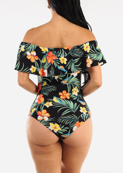 Black Off Shoulder Floral Bodysuit