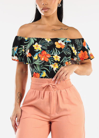 Black Off Shoulder Floral Bodysuit