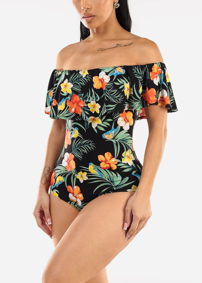 Black Off Shoulder Floral Bodysuit