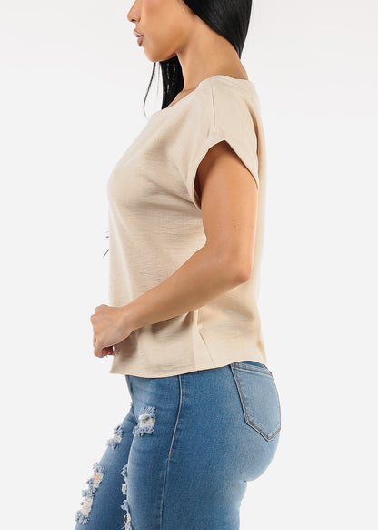 Cuffed Short Sleeve Poly Linen Blouse Beige