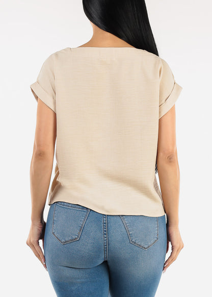 Cuffed Short Sleeve Poly Linen Blouse Beige