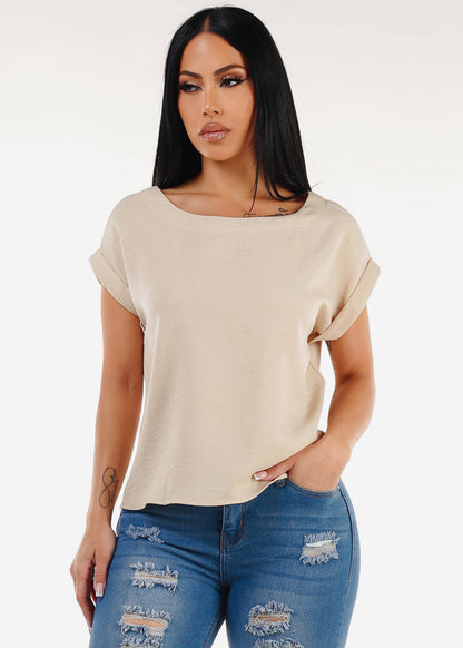 Cuffed Short Sleeve Poly Linen Blouse Beige