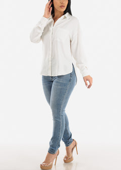 White Long Sleeve Relaxed Fit Collared Blouse