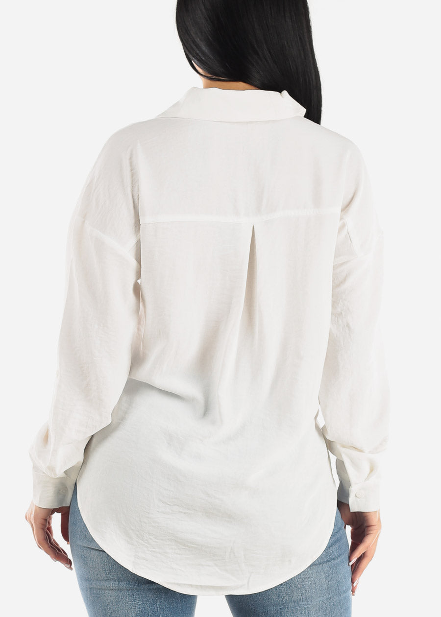 White Long Sleeve Relaxed Fit Collared Blouse