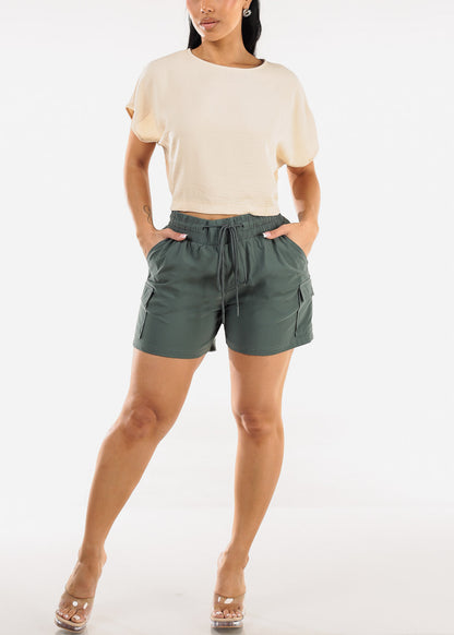 Short Dolman Sleeve Round Neckline Blouse Beige