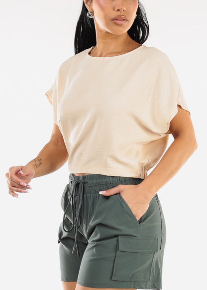 Short Dolman Sleeve Round Neckline Blouse Beige