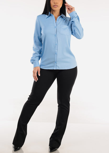 Long Sleeve Button Down Twill Collared Blouse Light Blue