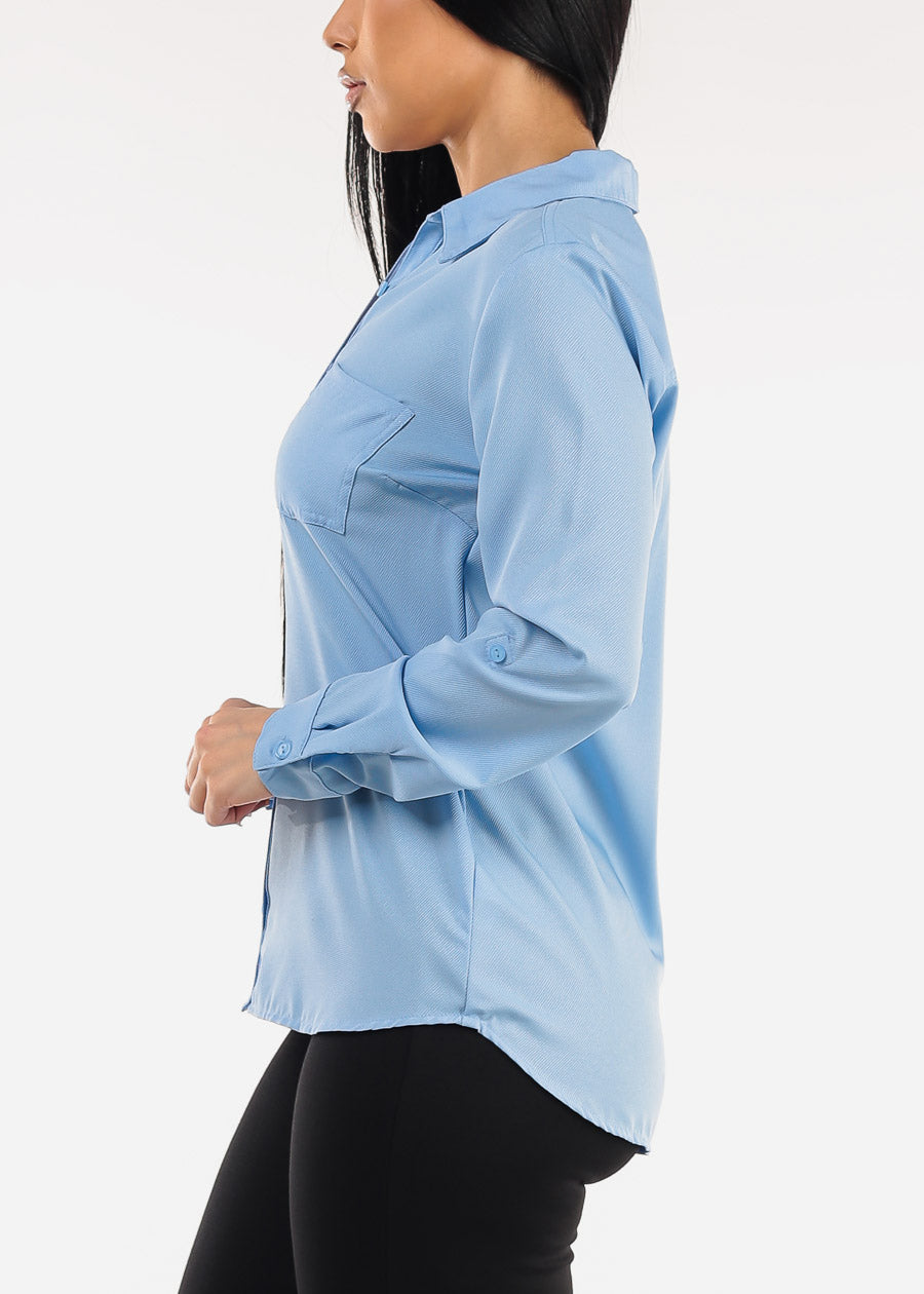 Long Sleeve Button Down Twill Collared Blouse Light Blue