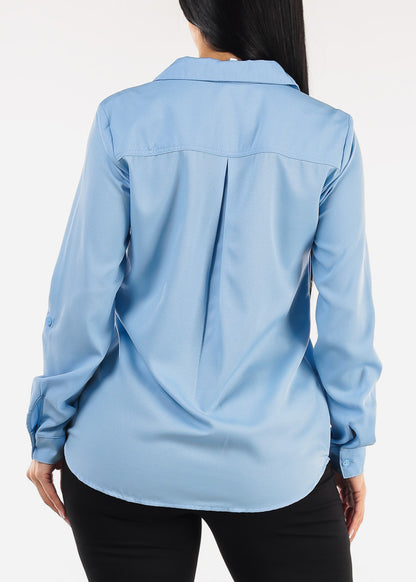 Long Sleeve Button Down Twill Collared Blouse Light Blue