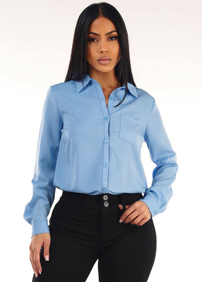 Long Sleeve Button Down Twill Collared Blouse Light Blue