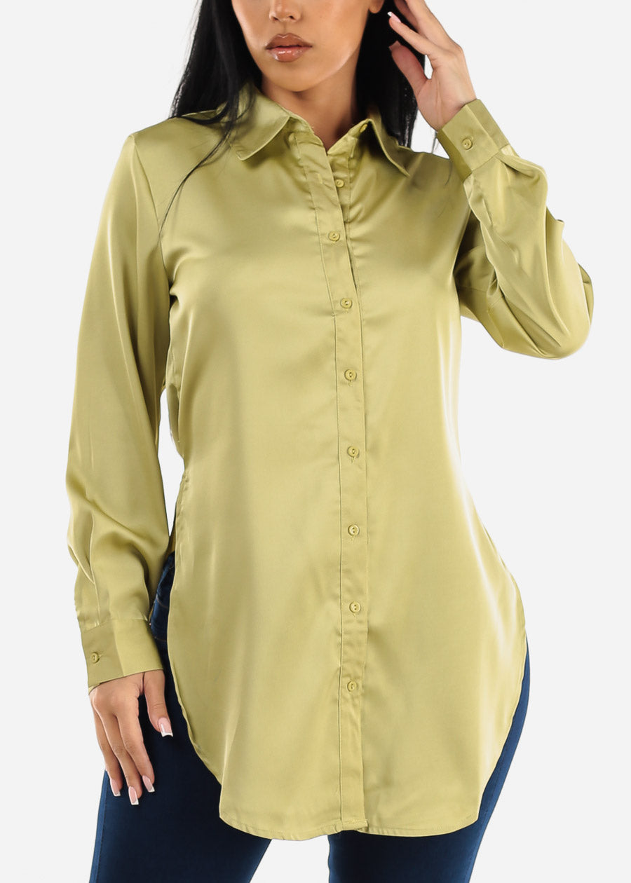 Long Sleeve Satin Button Down Tunic Blouse Kiwi