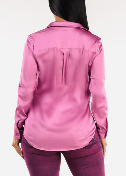 Long Sleeve Button Down Stretch Satin Blouse Pink