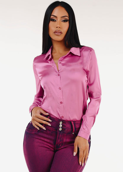 Long Sleeve Button Down Stretch Satin Blouse Pink