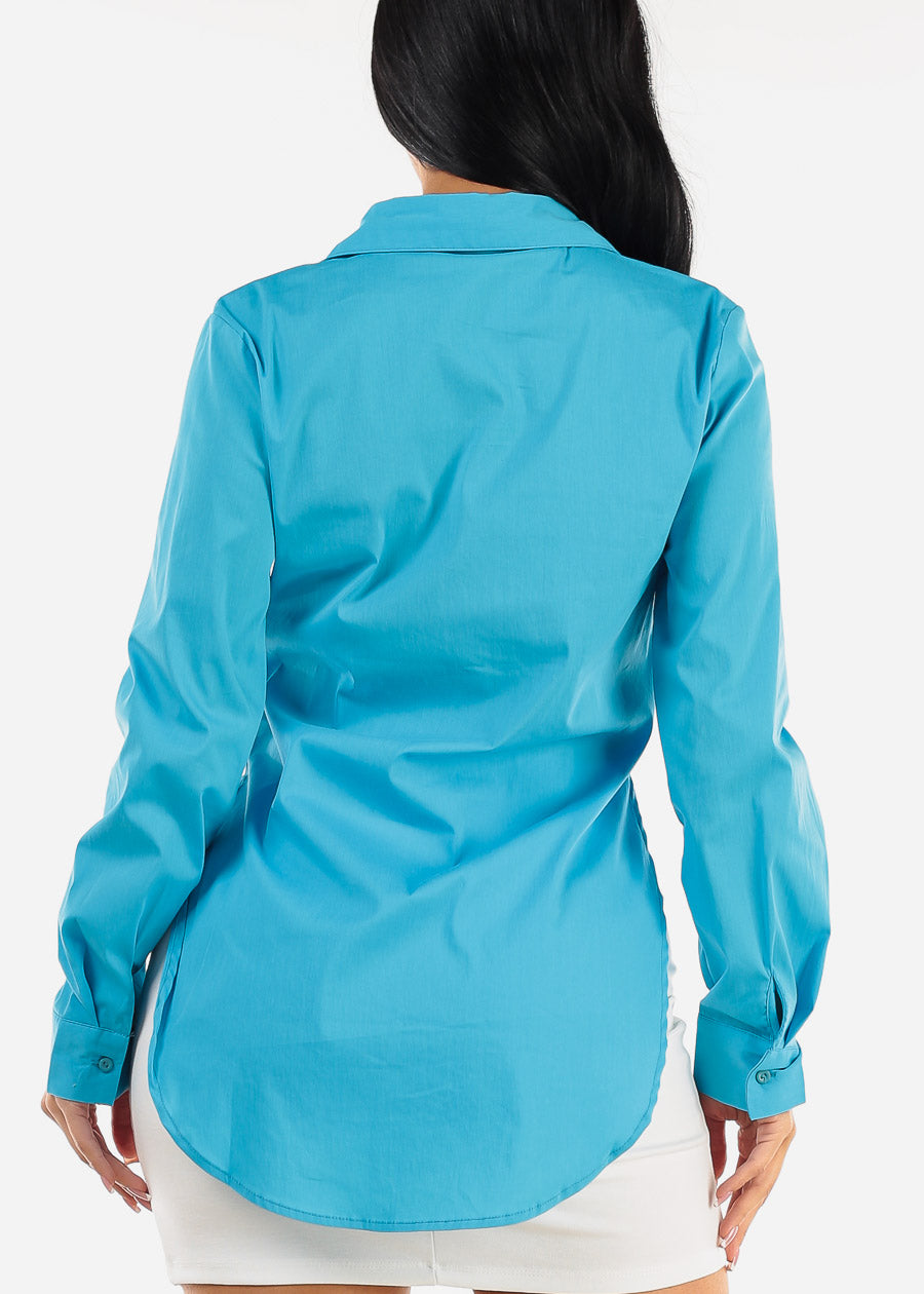 Button Down Long Sleeve Tunic Shirt Aqua w Slits