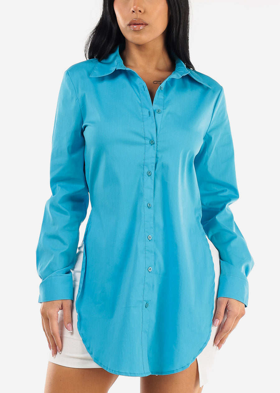 Button Down Long Sleeve Tunic Shirt Aqua w Slits