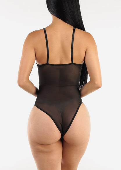 Sleeveless Black Lace Thong Bodysuit