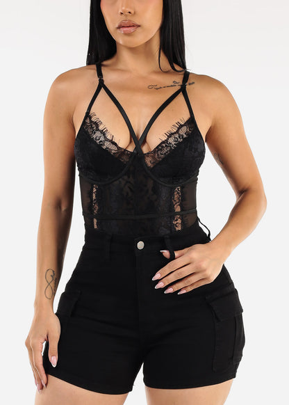 Sleeveless Black Lace Thong Bodysuit