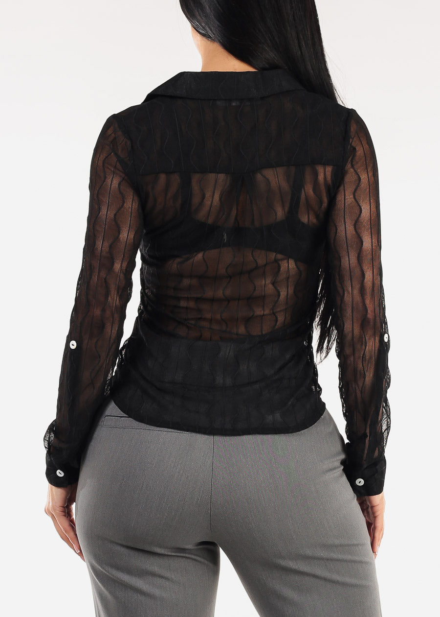 Long Sleeve Button Up Collared Mesh Blouse Black