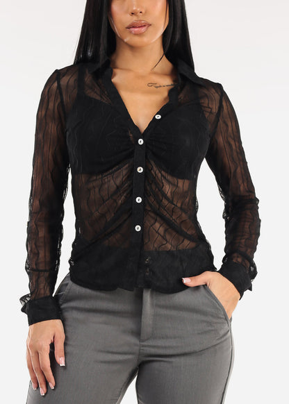Long Sleeve Button Up Collared Mesh Blouse Black