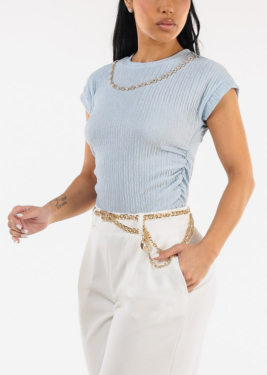 Stretchy Short Sleeve Ruched Blouse Light Blue w Necklace