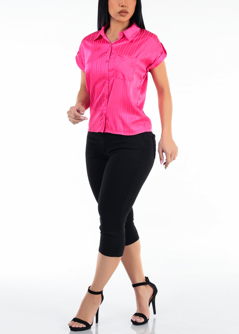 Satin Short Sleeve Stripe Collared Blouse Hot Pink